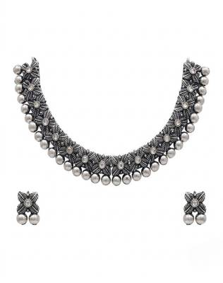 antique oxidized silver choker necklace & earrings set   traditional navratri garba ethnic jewellery 4