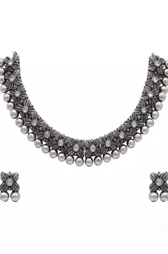 antique oxidized silver choker necklace & earrings set   traditional navratri garba ethnic jewellery