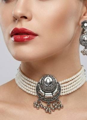 oxidized pearl choker necklace set with lotus motif mirror pendant & matching earrings   navratri festive wear 1