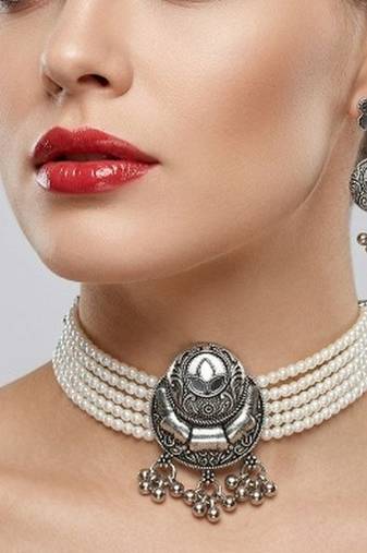 oxidized pearl choker necklace set with lotus motif mirror pendant & matching earrings   navratri festive wear