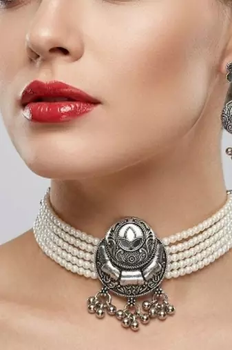 oxidized pearl choker necklace set with lotus motif mirror pendant & matching earrings   navratri festive wear
