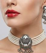 oxidized pearl choker necklace set with lotus motif mirror pendant & matching earrings   navratri festive wear