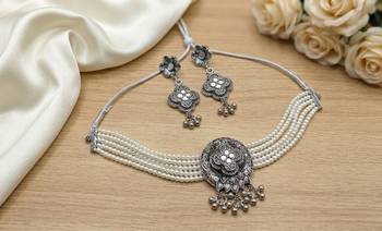 oxidized pearl choker necklace set with lotus motif mirror pendant & matching earrings   navratri festive wear 2