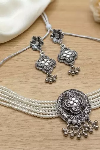 oxidized pearl choker necklace set with lotus motif mirror pendant & matching earrings   navratri festive wear