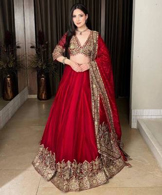 red silk blend embroidered wedding lehenga choli 1