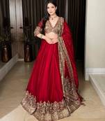 red silk blend embroidered wedding lehenga choli