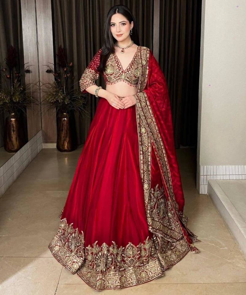 red silk blend embroidered wedding lehenga choli