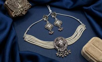 oxidized pearl choker necklace set with lotus motif mirror pendant & matching earrings   navratri festive wear 3