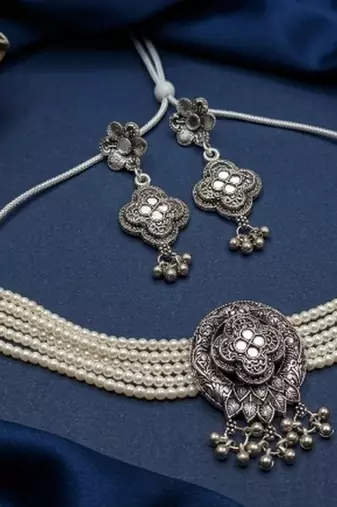 oxidized pearl choker necklace set with lotus motif mirror pendant & matching earrings   navratri festive wear