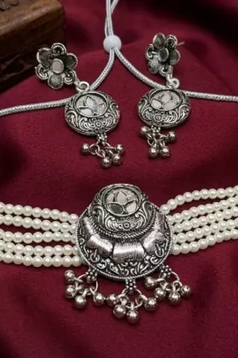 oxidized pearl choker necklace set with lotus motif mirror pendant & matching earrings   navratri festive wear