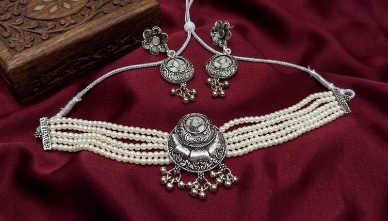 oxidized pearl choker necklace set with lotus motif mirror pendant & matching earrings   navratri festive wear