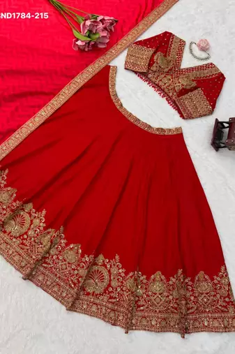 red silk blend embroidered wedding lehenga choli