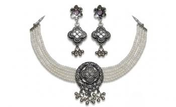 oxidized pearl choker necklace set with lotus motif mirror pendant & matching earrings   navratri festive wear 4