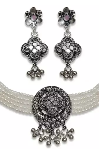 oxidized pearl choker necklace set with lotus motif mirror pendant & matching earrings   navratri festive wear