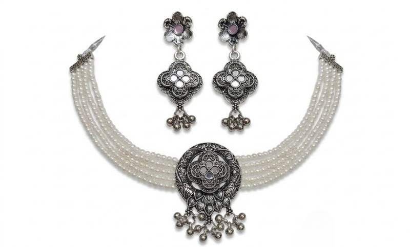 oxidized pearl choker necklace set with lotus motif mirror pendant & matching earrings   navratri festive wear