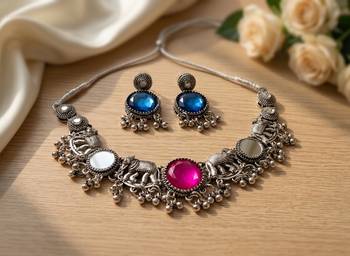 oxidised silver elephant choker necklace set with mirror & stone work for navratri & garba   ethnic jewellery 1