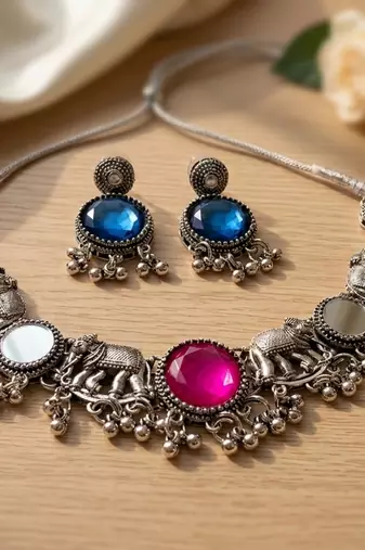 oxidised silver elephant choker necklace set with mirror & stone work for navratri & garba   ethnic jewellery