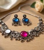oxidised silver elephant choker necklace set with mirror & stone work for navratri & garba   ethnic jewellery