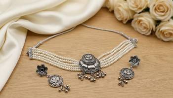 oxidized pearl choker necklace set with lotus motif mirror pendant & matching earrings   navratri festive wear 3