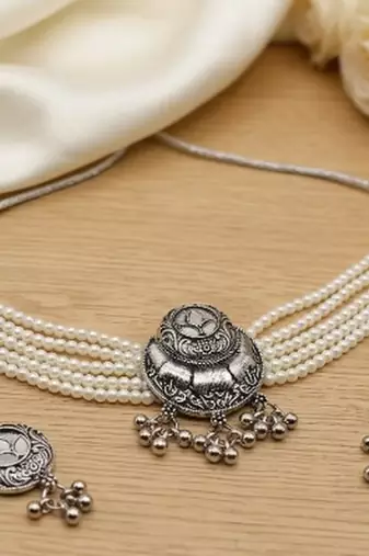 oxidized pearl choker necklace set with lotus motif mirror pendant & matching earrings   navratri festive wear