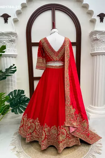 red silk blend embroidered wedding lehenga choli
