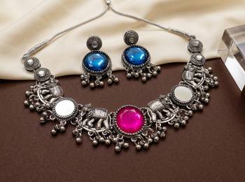 oxidised silver elephant choker necklace set with mirror & stone work for navratri & garba   ethnic jewellery 2