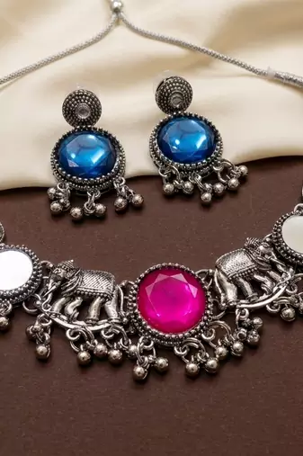 oxidised silver elephant choker necklace set with mirror & stone work for navratri & garba   ethnic jewellery