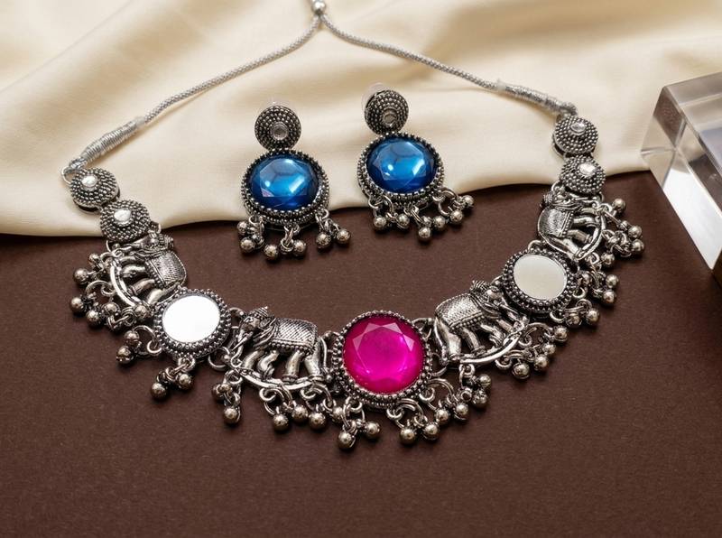 oxidised silver elephant choker necklace set with mirror & stone work for navratri & garba   ethnic jewellery