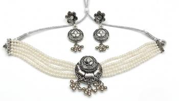 oxidized pearl choker necklace set with lotus motif mirror pendant & matching earrings   navratri festive wear 4