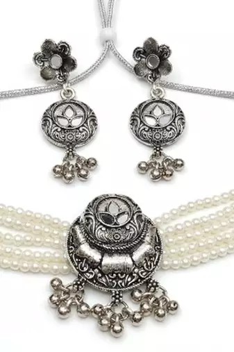 oxidized pearl choker necklace set with lotus motif mirror pendant & matching earrings   navratri festive wear
