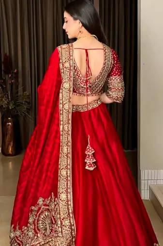 red silk blend embroidered wedding lehenga choli