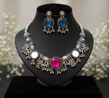 oxidised silver elephant choker necklace set with mirror & stone work for navratri & garba   ethnic jewellery 3