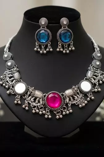 oxidised silver elephant choker necklace set with mirror & stone work for navratri & garba   ethnic jewellery