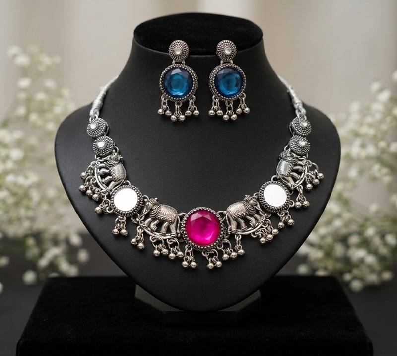 oxidised silver elephant choker necklace set with mirror & stone work for navratri & garba   ethnic jewellery