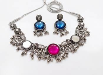 oxidised silver elephant choker necklace set with mirror & stone work for navratri & garba   ethnic jewellery 4