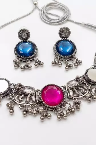 oxidised silver elephant choker necklace set with mirror & stone work for navratri & garba   ethnic jewellery