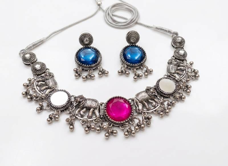 oxidised silver elephant choker necklace set with mirror & stone work for navratri & garba   ethnic jewellery