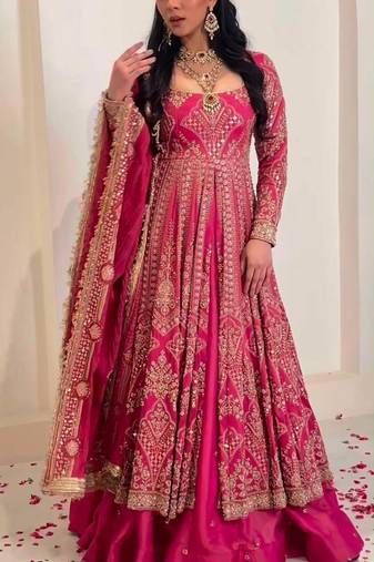 rani pink silk blend embroidered wedding lehenga choli