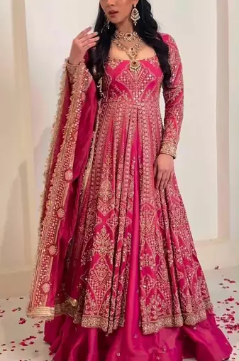 rani pink silk blend embroidered wedding lehenga choli