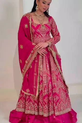 rani pink silk blend embroidered wedding lehenga choli