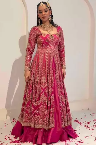 rani pink silk blend embroidered wedding lehenga choli