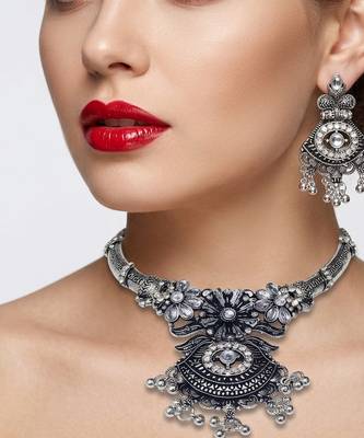 oxidised silver jewellery set wfor navratri garba   crystal studded choker set 1