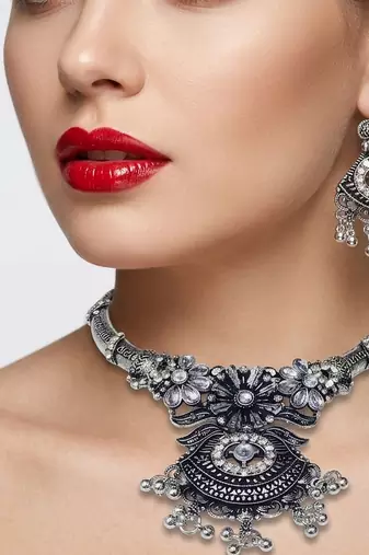 oxidised silver jewellery set wfor navratri garba   crystal studded choker set