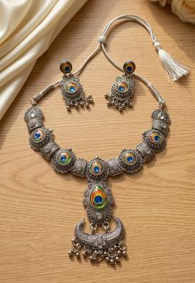 oxidized silver peacock feather necklace set with earrings   choker for navratri garba, weddings & festivals 1