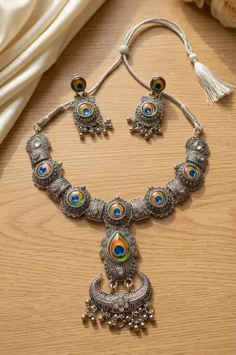 oxidized silver peacock feather necklace set with earrings   choker for navratri garba, weddings & festivals