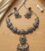 oxidized silver peacock feather necklace set with earrings   choker for navratri garba, weddings & festivals