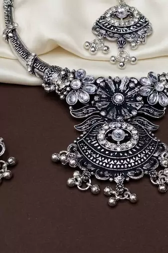 oxidised silver jewellery set wfor navratri garba   crystal studded choker set