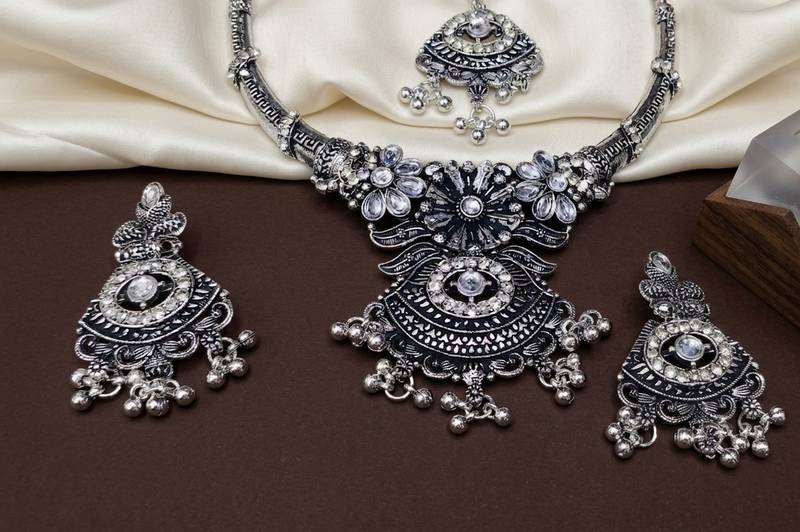 oxidised silver jewellery set wfor navratri garba   crystal studded choker set