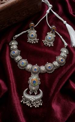 oxidized silver peacock feather necklace set with earrings   choker for navratri garba, weddings & festivals 2