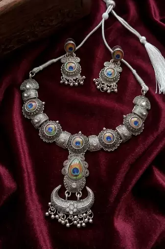oxidized silver peacock feather necklace set with earrings   choker for navratri garba, weddings & festivals